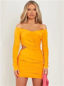 Missy Empire Orange Viola Bardot Wrap Ruched Mini Dress