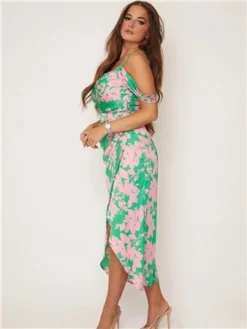 Girl In Mind Pink/Green Camila Floral Wrap Over Midi Dress -Cheap Drape Dresses Store 28172 2
