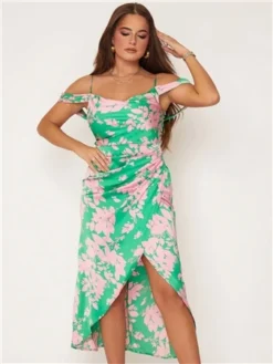 Girl In Mind Pink/Green Camila Floral Wrap Over Midi Dress