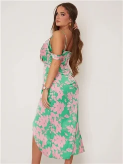 Girl In Mind Pink/Green Camila Floral Wrap Over Midi Dress -Cheap Drape Dresses Store 28172 3