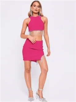 Saint Genies Hot Pink Beatrix Diamante Fringe Asymmetric Mini Skirt -Cheap Drape Dresses Store 28187 2
