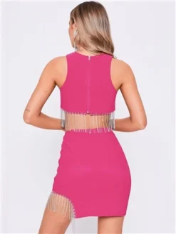 Saint Genies Hot Pink Beatrix Diamante Fringe Asymmetric Mini Skirt -Cheap Drape Dresses Store 28187 3