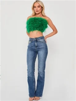 Saint Genies Green Mya Strapless Feather Crop Top -Cheap Drape Dresses Store 28203 2