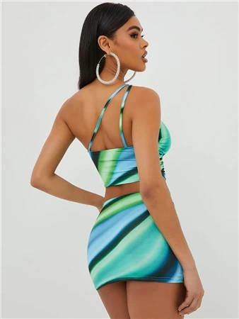 Ego Blue Swirl Print Slinky Cross Strap Ring Detail Corset Crop Top 2 Ego Blue Swirl Print Slinky Cross Strap Ring Detail Corset Crop Top - Image 2