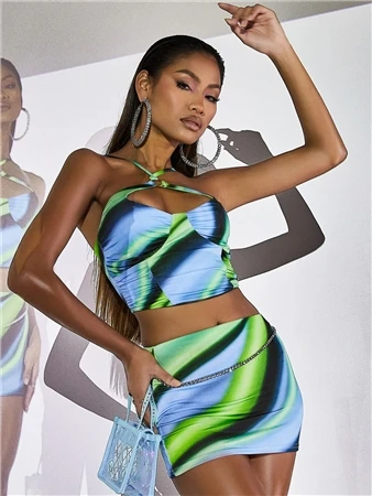 Ego Blue Swirl Print Slinky Cross Strap Ring Detail Corset Crop Top 4 Ego Blue Swirl Print Slinky Cross Strap Ring Detail Corset Crop Top - Image 4