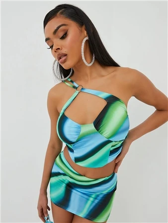 Ego Blue Swirl Print Slinky Cross Strap Ring Detail Corset Crop Top 1 Ego Blue Swirl Print Slinky Cross Strap Ring Detail Corset Crop Top