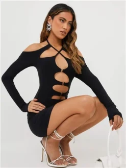 Ego Black Slinky Long Sleeve Cut Out Halterneck Dress -Cheap Drape Dresses Store 28277 2