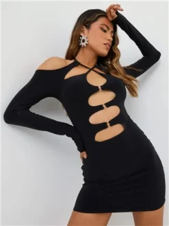 Ego Black Slinky Long Sleeve Cut Out Halterneck Dress
