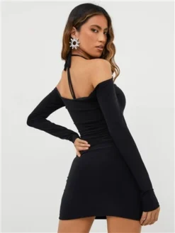 Ego Black Slinky Long Sleeve Cut Out Halterneck Dress -Cheap Drape Dresses Store 28277 3