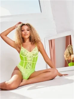 Saint Genies Neon Lime Callie Underwired Stretch Lace Thong Bodysuit -Cheap Drape Dresses Store 28320 2