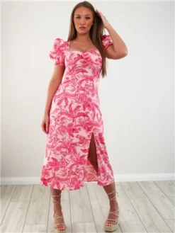 Girl In Mind Pink Floral Lillian Sweetheart Midi Dress -Cheap Drape Dresses Store 28340 2