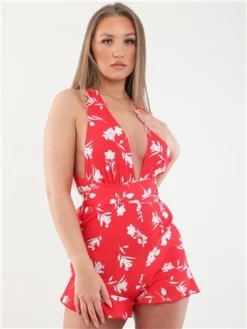 Parisian Red Halter Pattern Playsuit