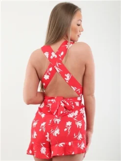Parisian Red Halter Pattern Playsuit -Cheap Drape Dresses Store 28342 3