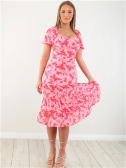 Parisian Pink Puff Sleeve Midi Dress -Cheap Drape Dresses Store 28343 2
