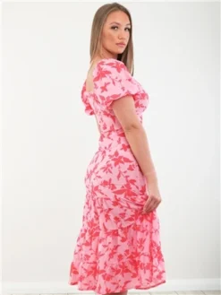 Parisian Pink Puff Sleeve Midi Dress -Cheap Drape Dresses Store 28343 3