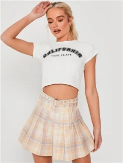 Saint Genies Cream / Yellow Check Pleat Mini Skirt