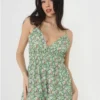 Brave Soul Green/Blue Low Cut Floral Playsuit