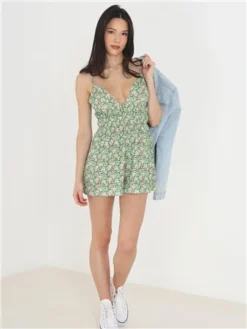 Brave Soul Green/Blue Low Cut Floral Playsuit -Cheap Drape Dresses Store 28434 2