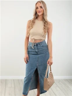 Brave Soul Mid Blue Mavis Acid Wash Midi Denim Skirt