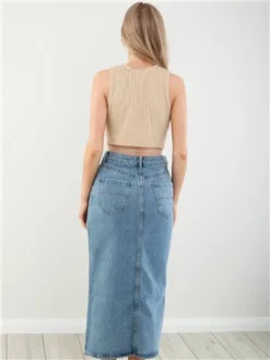 Brave Soul Mid Blue Mavis Acid Wash Midi Denim Skirt -Cheap Drape Dresses Store 28435 3