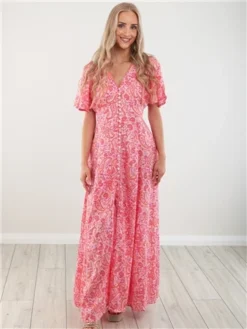 Qed Pink Pattern Button Thru Maxi Dress -Cheap Drape Dresses Store 28451 2