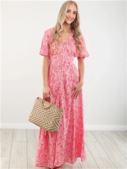 Qed Pink Pattern Button Thru Maxi Dress