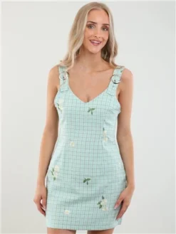 Saint Genies Green Check Floral Pinafore Dress