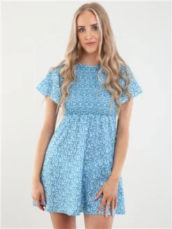 Daisy Street Ditsy Floral Blue Ruched Mini Dress