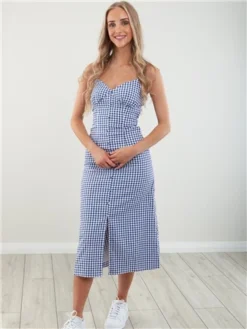 Daisy Street Light Blue Gingham Midi Dress -Cheap Drape Dresses Store 28468 2