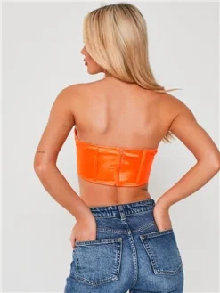 Saint Genies Orange Katherine Satin Boned Strapless Corset Top -Cheap Drape Dresses Store 28493 3