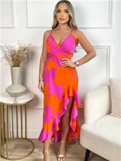 Ax Paris Pink And Orange Floral Printed Wrap Over Strappy Midi Dress -Cheap Drape Dresses Store 28509 2