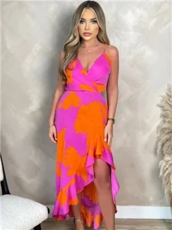 Ax Paris Pink And Orange Floral Printed Wrap Over Strappy Midi Dress