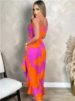 Ax Paris Pink And Orange Floral Printed Wrap Over Strappy Midi Dress -Cheap Drape Dresses Store 28509 3