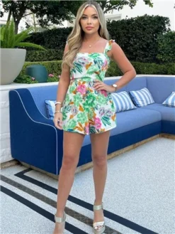 Ax Paris Green Floral Frill Strap Playsuit -Cheap Drape Dresses Store 28511 2