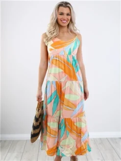 Only Coral Alma Leaf Print Dress