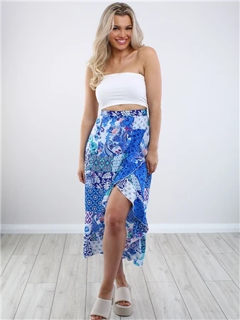 Girl In Mind Blue Emily Patchwork Frill Detail Wrap Skirt 3 Girl In Mind Blue Emily Patchwork Frill Detail Wrap Skirt - Image 3