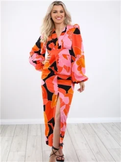 Girl In Mind Orange Balloon Sleeve Print Dress -Cheap Drape Dresses Store 28586 2