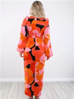 Girl In Mind Orange Balloon Sleeve Print Dress -Cheap Drape Dresses Store 28586 3