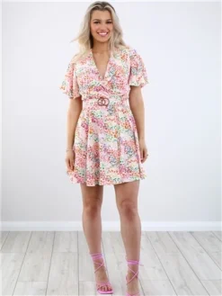 Ax Paris Floral Wrap Top Belted Skater Dress -Cheap Drape Dresses Store 28589 2