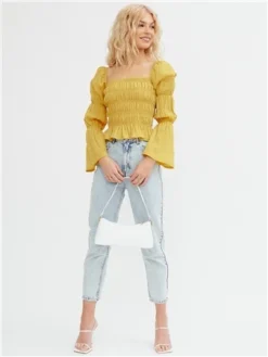 The Frolic Yellow Una Long Sleeved Ruffle Top -Cheap Drape Dresses Store 28613 2