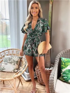 Ax Paris Green Printed Wrap Top Belted Playsuit -Cheap Drape Dresses Store 28630 2