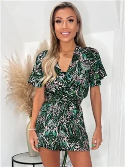 Ax Paris Green Printed Wrap Top Belted Playsuit