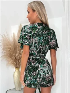 Ax Paris Green Printed Wrap Top Belted Playsuit -Cheap Drape Dresses Store 28630 3