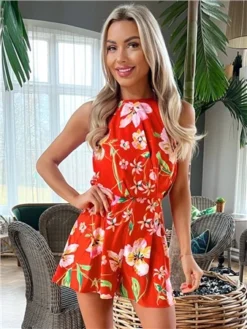 Ax Paris Orange Floral High Neck Playsuit -Cheap Drape Dresses Store 28632 2