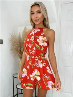 Ax Paris Orange Floral High Neck Playsuit