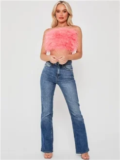 Saint Genies Pink Mya Strapless Feather Crop Top -Cheap Drape Dresses Store 28660 2