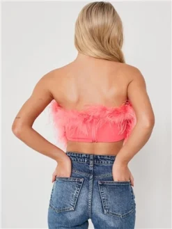 Saint Genies Pink Mya Strapless Feather Crop Top -Cheap Drape Dresses Store 28660 3