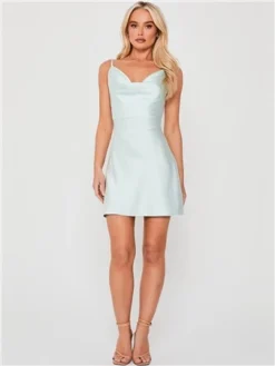 Saint Genies Baby Blue Satin Cowl Neck Mini Dress -Cheap Drape Dresses Store 28668 2