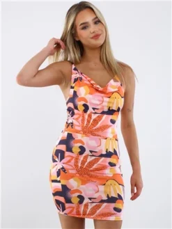 Vivichi Orange Print Pattern Slinky Mini Dress