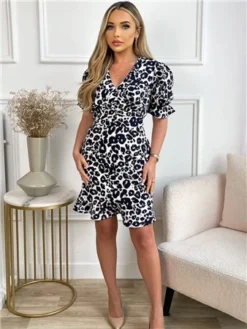 Ax Paris Cream/Navy Animal Print Ruched Dress -Cheap Drape Dresses Store 28714 2